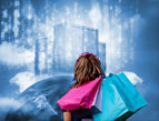 consumer woman shopping bags and digital skyline