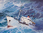 boat being pummeled by waves in a stormy sea